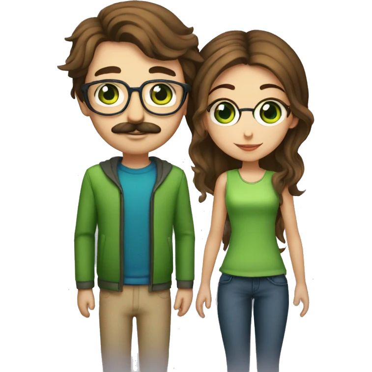 A man with brown hair blue eyes and a mustache is kissing a green haired girl who is thin with green eyes and wearing glasses emoji