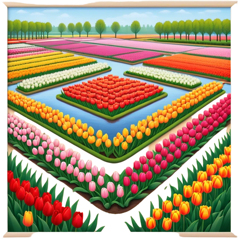 Cinematic Realistic Keukenhof Gardens Landmark Emoji, showcasing expansive tulip fields rendered with crisp, lifelike detail and radiant lighting. emoji