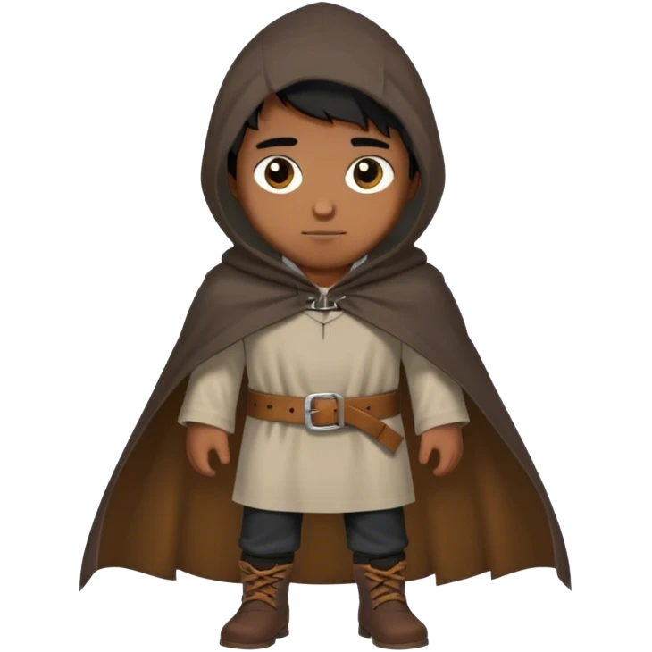 medieval outfit worn by a DnD themed fantasy character. basic rough-spun tunic with a leather belt and a hooded cloak. clothes only above the waist. The clothes full waist. The character's haven't arms. character is straight black hair hazel eyes short messy hair brown-skinned man. emoji