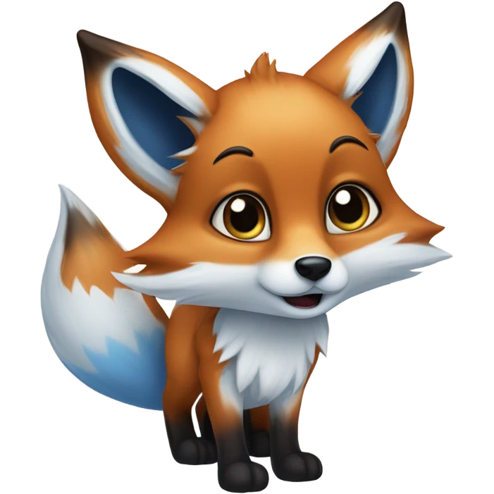 An anthropomorphic fox with blue fur. It has large ears with white insides and brown tips. The character's eyes are large, black, and very expressive. There are two white spots on its forehead. The nose is black, and the lower part of its face is white. The character looks cartoonish. emoji