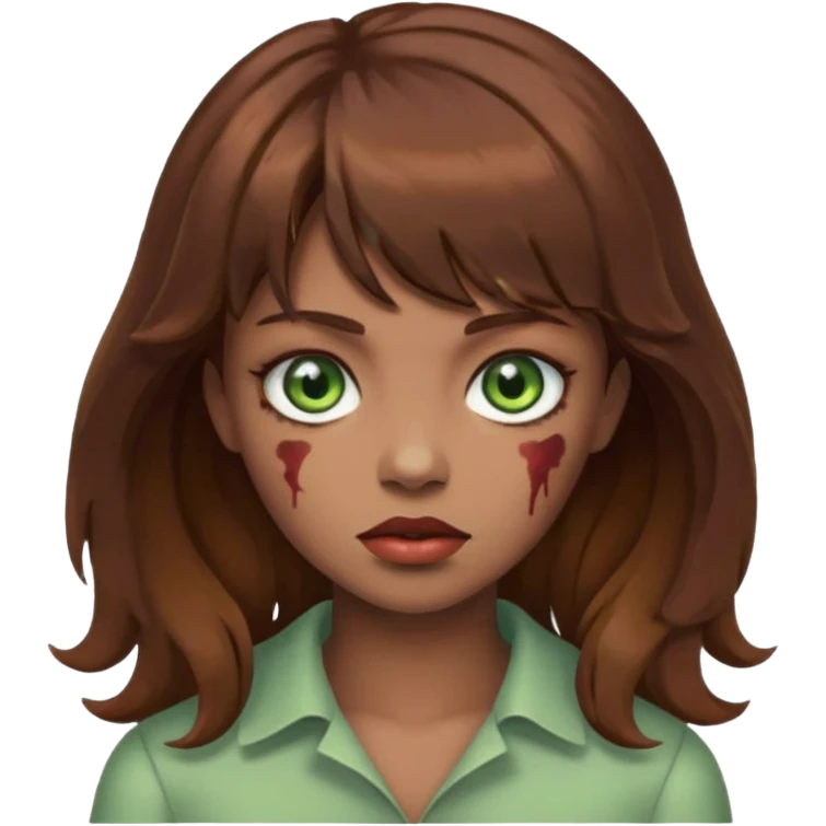 Zumbi mulher, olhos verdes, cabelo castanho com franja e ondulado  emoji