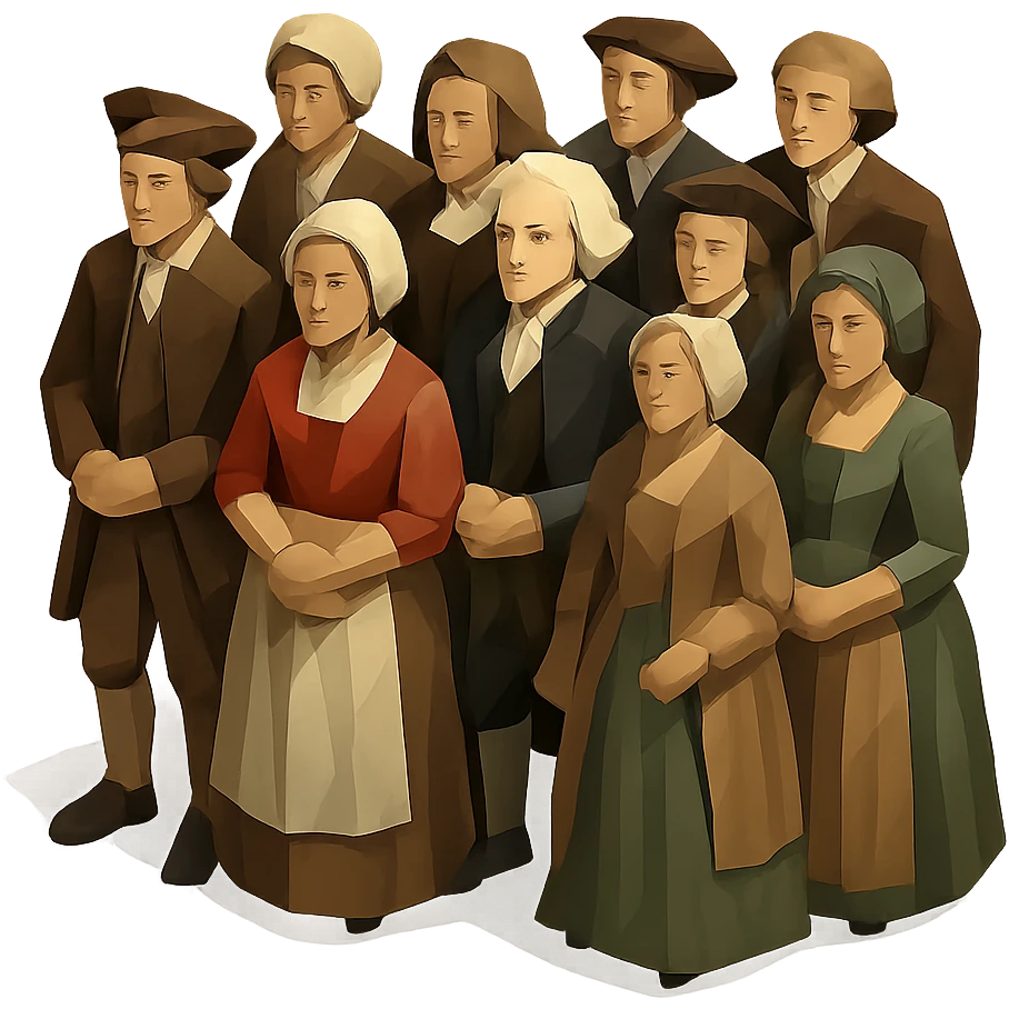 isometric full-body illustration of an 18th century crowd emoji