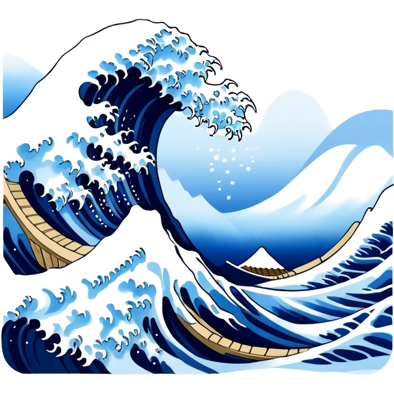 Cinematic Realistic Great Wave off Kanagawa, depicted as a colossal, crashing wave with dynamic blue hues and frothy white crests, rendered with intricate textures and fluid motion that captures both the timeless power and poetic beauty of the iconic Japanese artwork emoji
