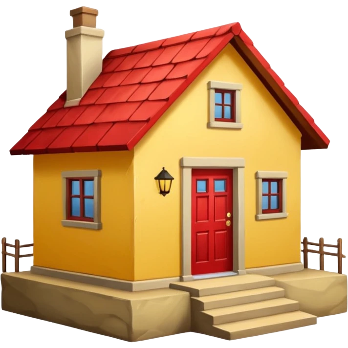 Front seight of a simple yellow house with a red roof, a simple door. Two steps before the door emoji