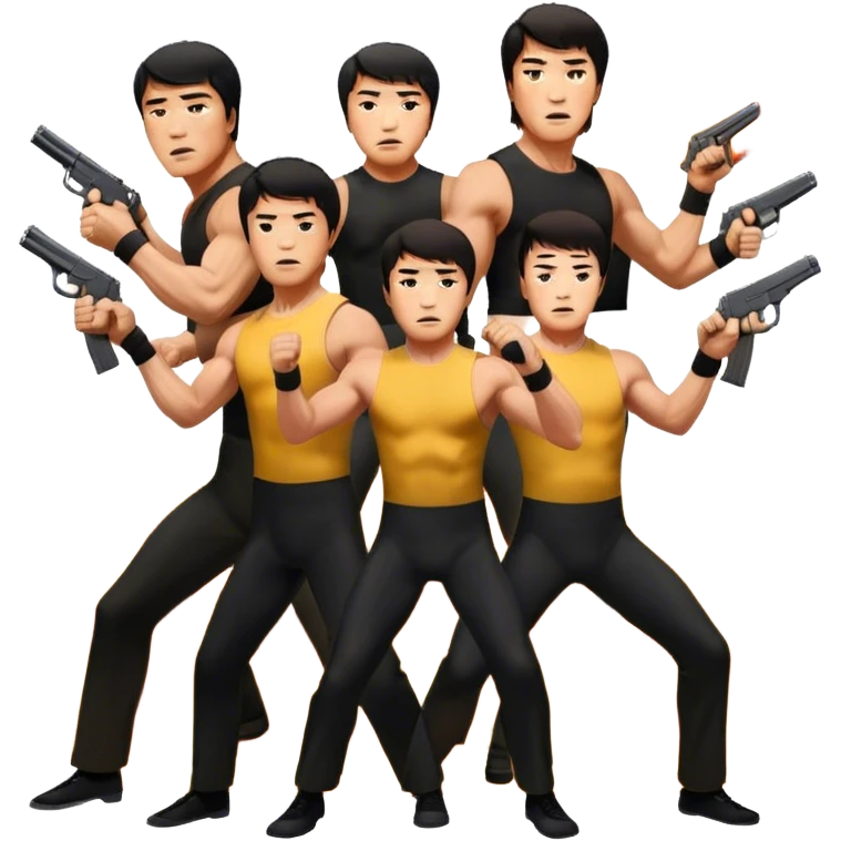 Action movie icons: Arnold Schwarzenegger, Sylvester Stallone, Bruce Lee and Jackie Chan in tense poses, surrounded by explosions, guns and fast-paced stunts. The design should reflect the energy and heroes of classic action movies. Transparent background. emoji
