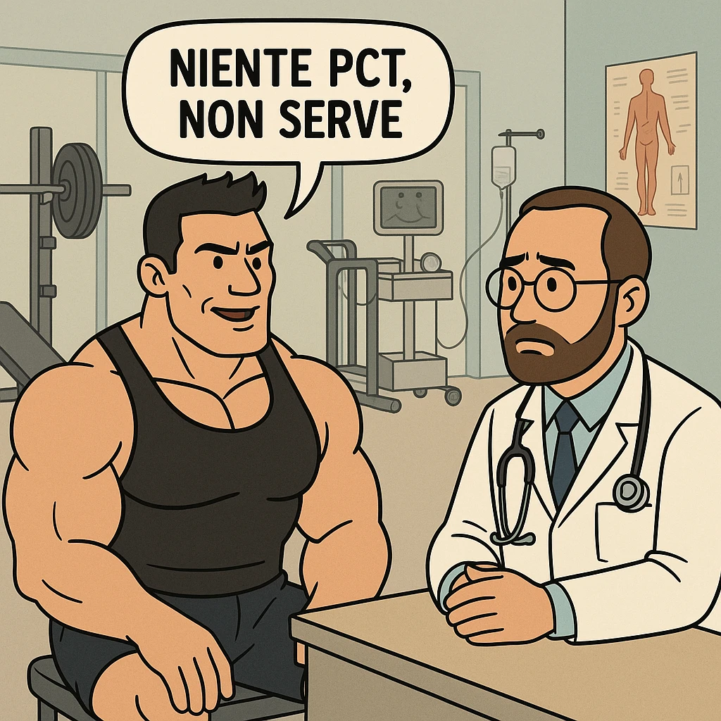 bodybuilder che dice ad una dottore "Niente PCT, Non serve" emoji