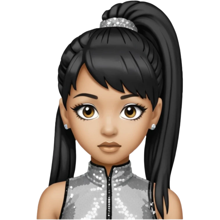 Left Eye from TLC with long black ponytail hair, silver sequin outfit emoji