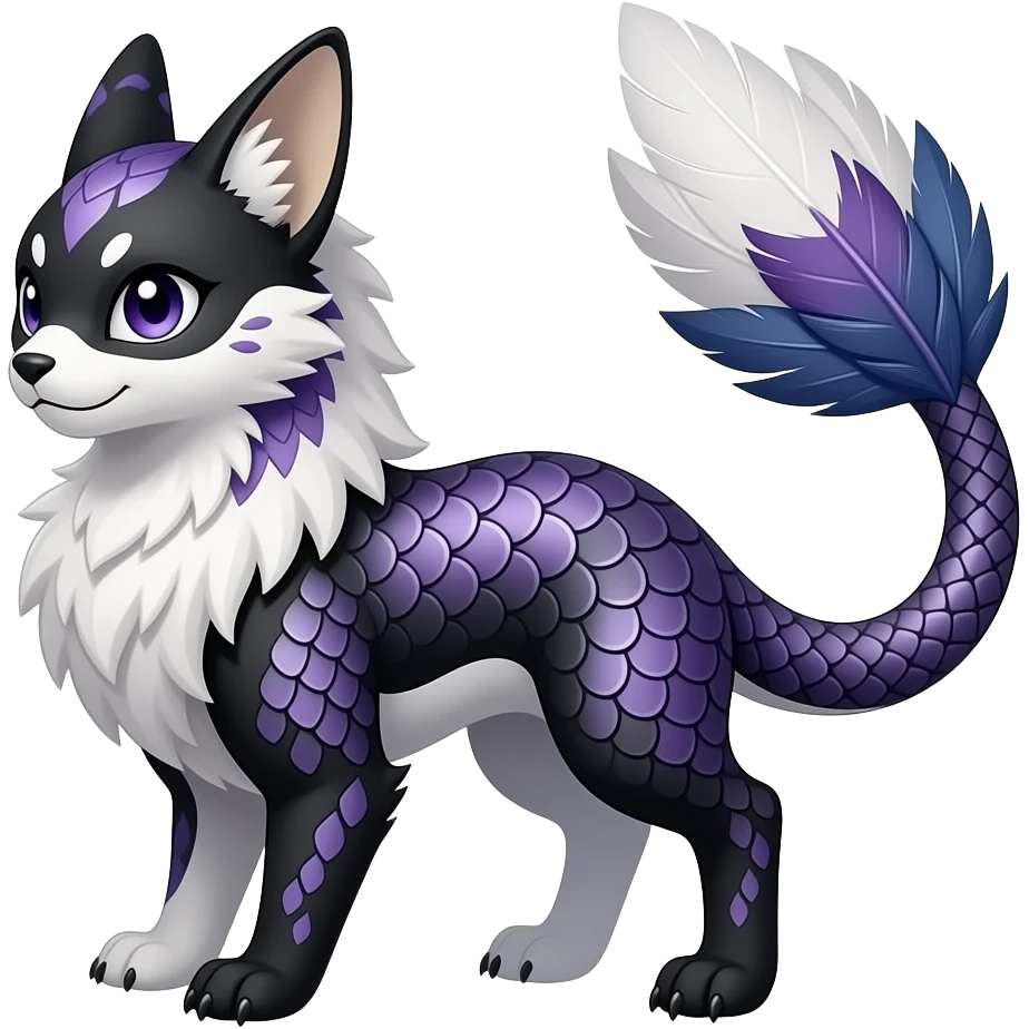 Khoi-flecks-scales-patterned majestic feathery elegant realistic stylish Furry, feathery fluffy tropical flecked painted feathery scaly, Purple, white, black, Minccino-Bambino-Lykoi-Linoone-Zangoose-fusion-hybrid-animal-Fakémon-creature, full body, thin long sleek scaly tail, intricate markings emoji
