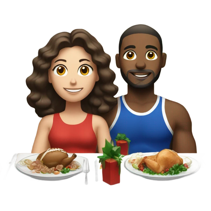 emoji Sporty white couple, man and woman in sportswear, sitting at Christmas holiday dinner table emoji