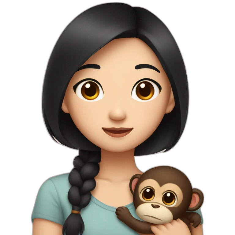 Asian girl with brown eyes and short black hair and cute top cuddling a brown lovely monkey emoji