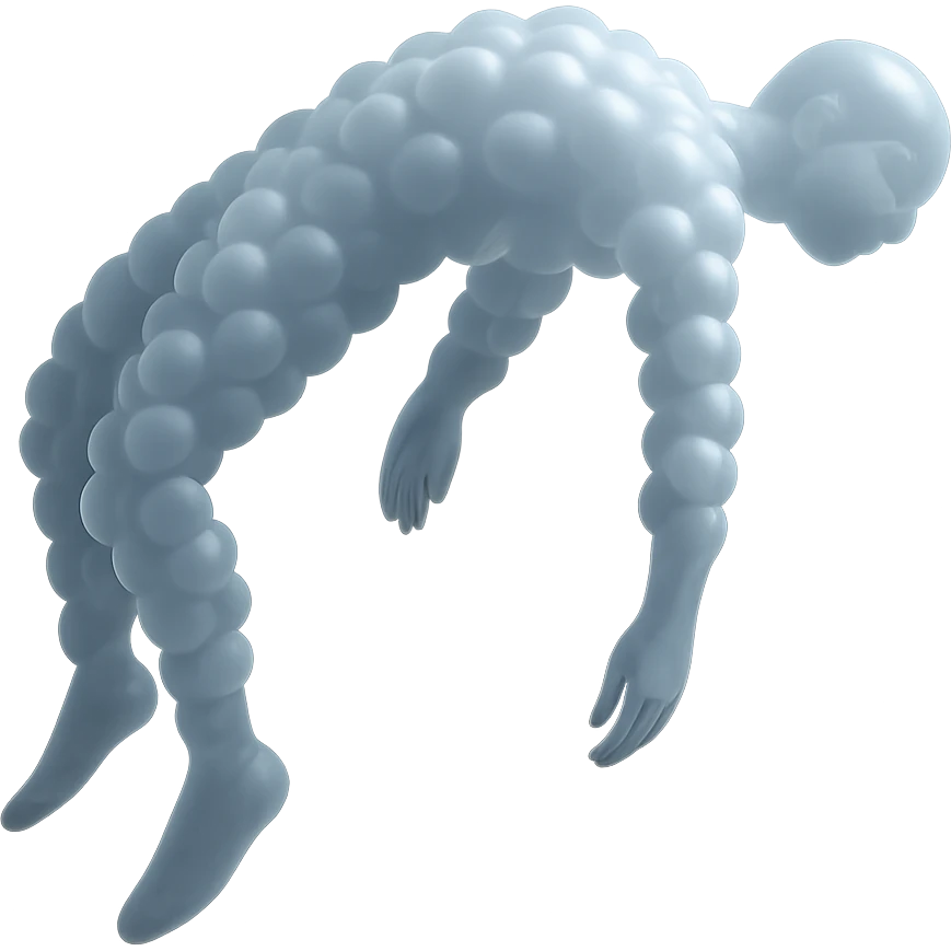 A person made of very small white fluffy clouds in matte glass style, no background and no shadows, unconscious: side view, arms, legs, and head hanging freely down, torso center being pulled up, lifeless pose as if being lifted by the middle of the body. emoji