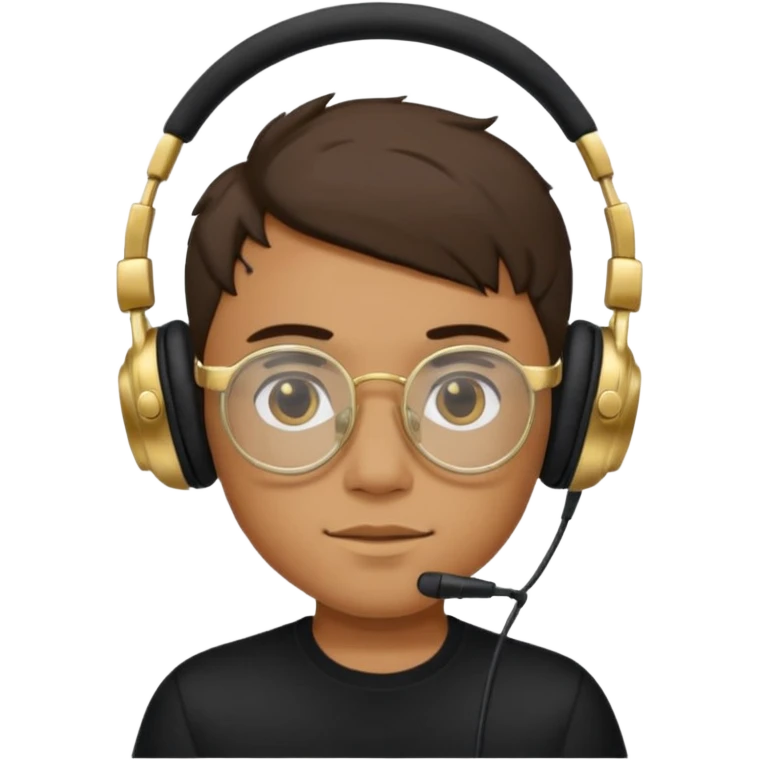 Un chico usando una camisa negra y audífonos, junto con sus lentes puestos de marco dorado. Diciendo GG arriba de su cabeza! emoji