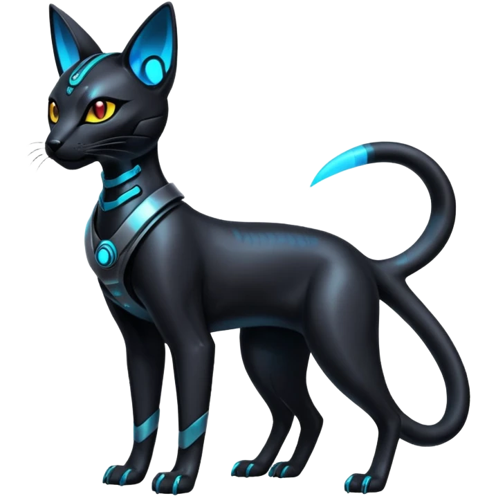 Futuristic Glowing shiny cyberpunk-Bastet-Umbreon-Salandit-fusion (full body) emoji