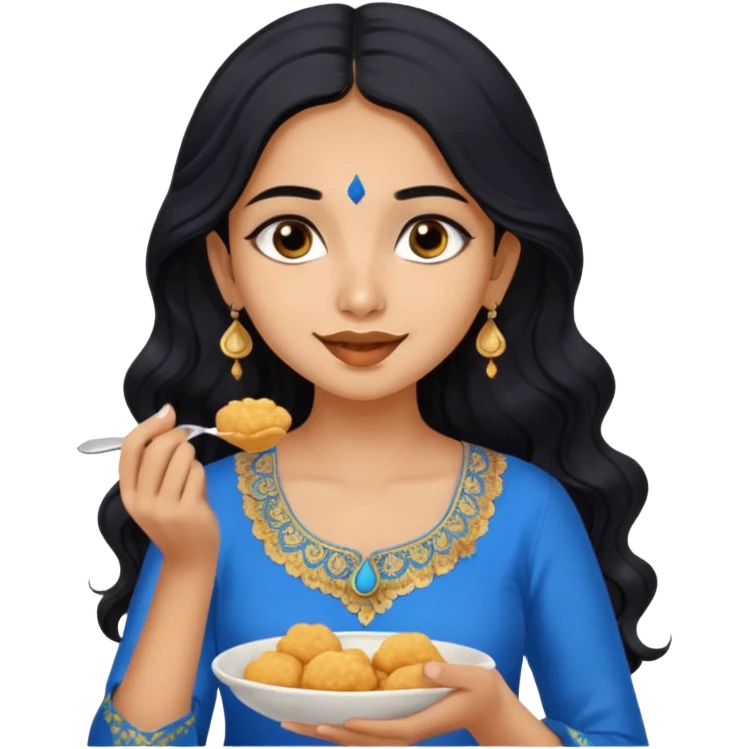 a pretty tan indian bratz girl with wavy long BLACK hair. eyeliner on, wearing a blue kurti, eating golgappa (without spoon) emoji