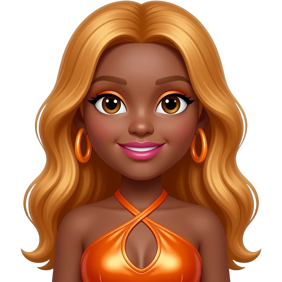 SayDazzle from The Next Kidz with olive skin, dark brown eyes, long ginger blonde hair, orange eyeshadow, pink lipstick, orange metallic halter dress, orange earrings emoji