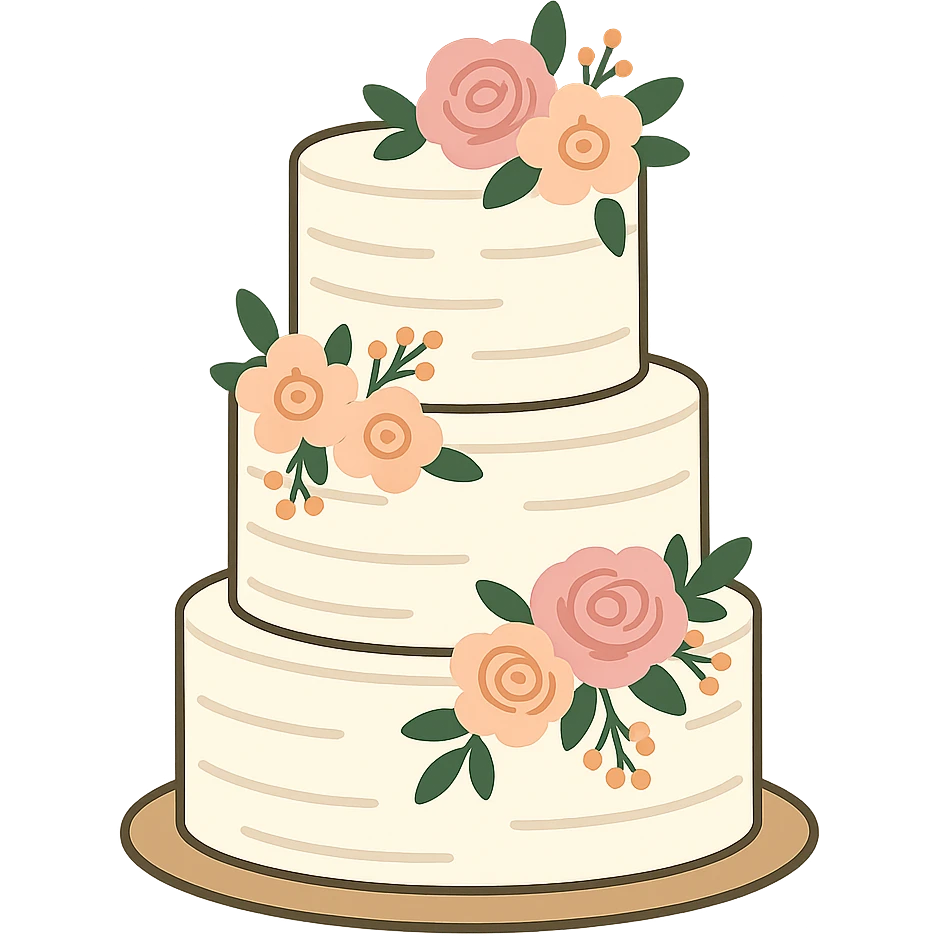 flat toon white buttercream three-tiered wedding cake with flowers emoji