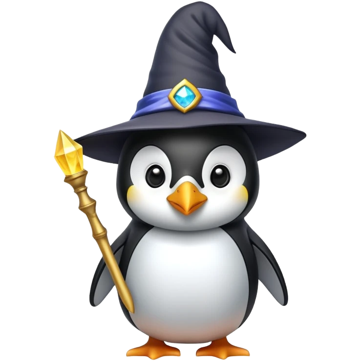 A penguin wearing a wizard hat and holding a magic wand emoji