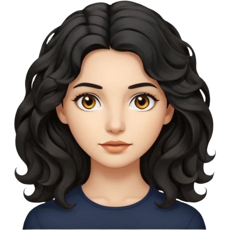 this avatar of 30th year-woman has shoulder-length black wavy hair with loose curls framing the face, and a long, pointed face with golden-brown eyes and a calm, neutral expression. emoji