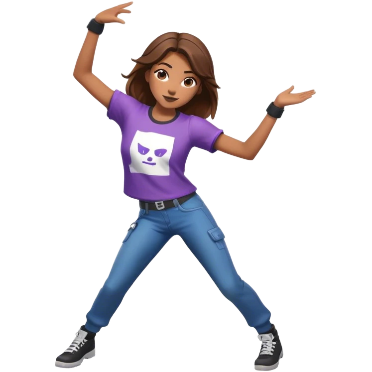 Girl with brown hair dancing with Fortnite shirt emoji