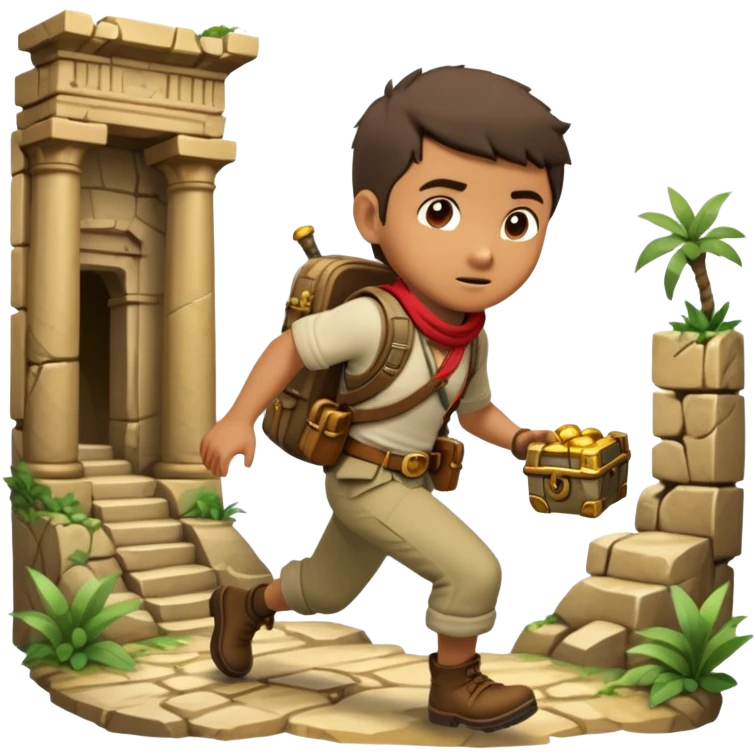 an adventure game, inspired by Uncharted-2. The design features a rugged explorer navigating through ancient ruins, with treasure and obstacles in the background. A dynamic environment with jungle, cliffs, and puzzles highlights the thrill of discovery and action. Transparent background. emoji