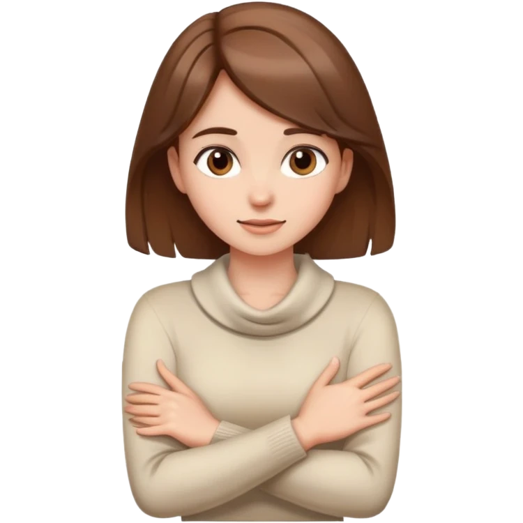 girl with brown hair with her hands crossed around her neck swishing it emoji