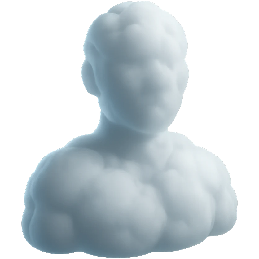 person looking straight, shoulders up, fully made of white fluffy convex clouds, matte glass style, clouds large and fluffy emoji