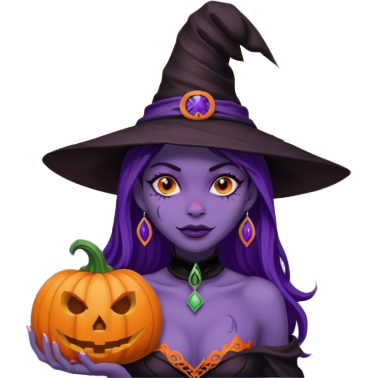 A naked woman with bare chest wears a carved pumpkin head and a witch hat with purple skin emoji