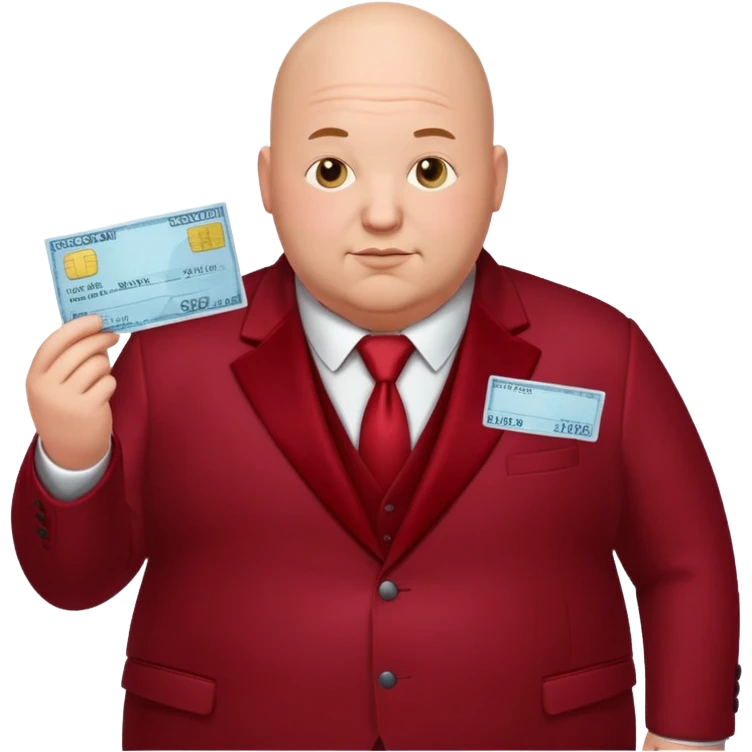 fat guy bold head in dark red velvet suit holding cheque emoji