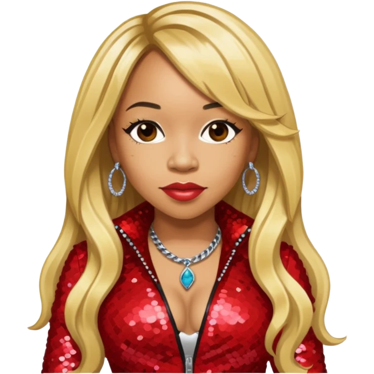Tameka Tiny Harris from Xscape with long blonde hair, red sequin outfit emoji