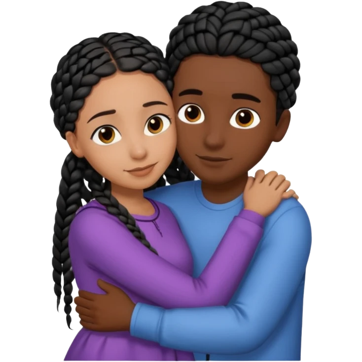 dark skin, black girl with black braids, hugging her middle eastern boyfriend with straight parted brown hair and light skin emoji