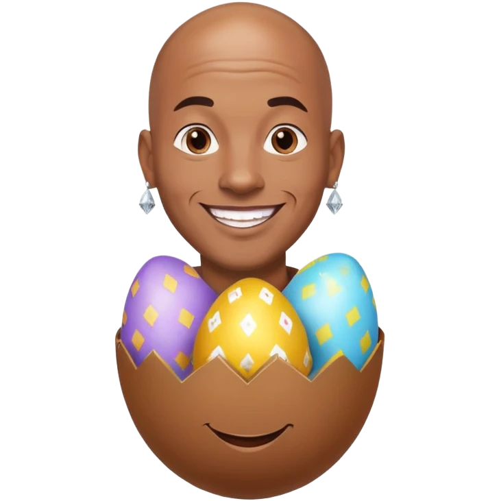 smiling bald African American man with diamond stud earrings popping out of an Easter egg emoji