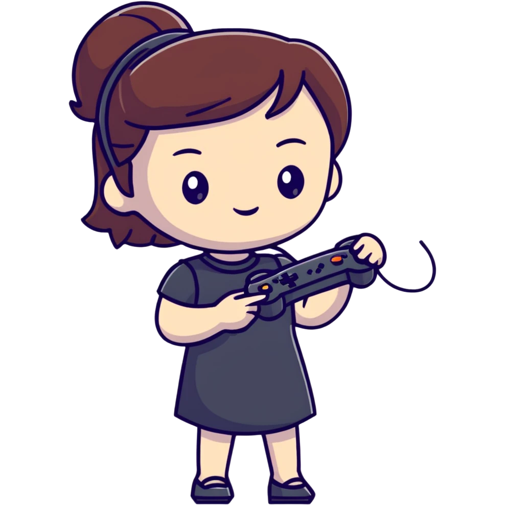 gamer girl in a fashionable dress holding a game controller emoji