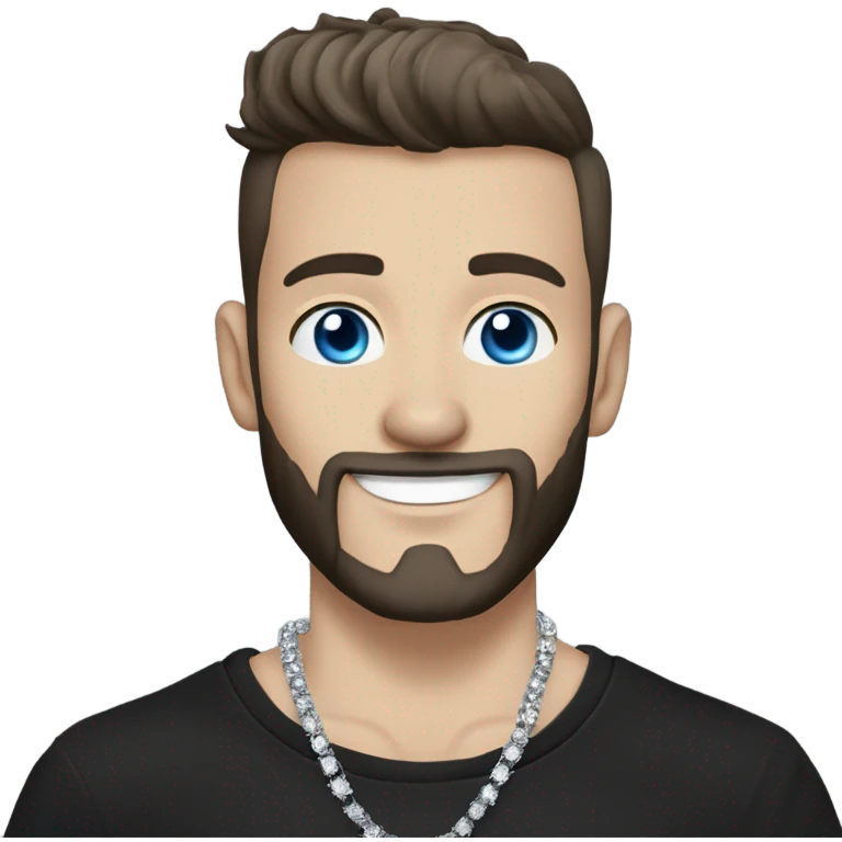 Younger white male that has grey blue eyes, dark brown hair with grey on the sides, a beard, and tattoos. He is wearing a diamond coated white gold necklace and a black punk band t-shirt while waving hello emoji
