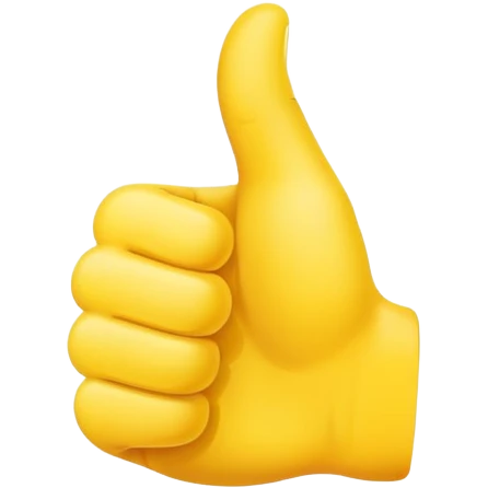 Thumbs up hand gesture emoji, close-up of just the hand against a clean background, modern flat design, smooth vector style, vibrant yellow color, subtle shading, rounded edges, friendly appearance, high contrast, digital art style, professional emoji look, centered composition, 2D illustration emoji