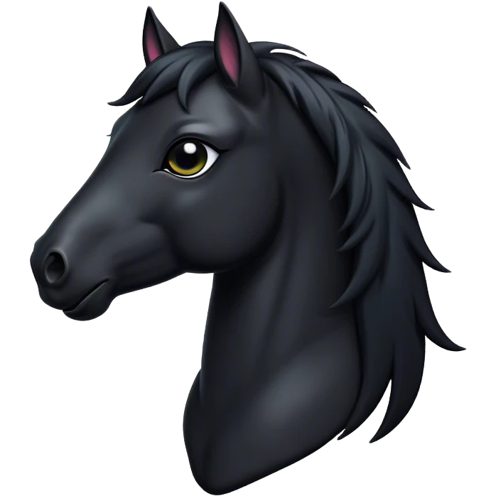 Cinematic Comical Black Horse Portrait Emoji, Head tilted dramatically with an exaggeratedly amused expression, featuring a striking jet-black fur with a glossy finish and wide, expressive dark eyes filled with playful disbelief, Simplified yet hilariously expressive features, highly detailed, glowing with a slightly sassy glow, high shine, dramatic yet playful, stylized with an air of cheeky mischief, bright and endearing, soft glowing outline, capturing the essence of a spirited and over-the-top horse, so meme-worthy it feels like it could side-eye its way into internet fame instantly! emoji