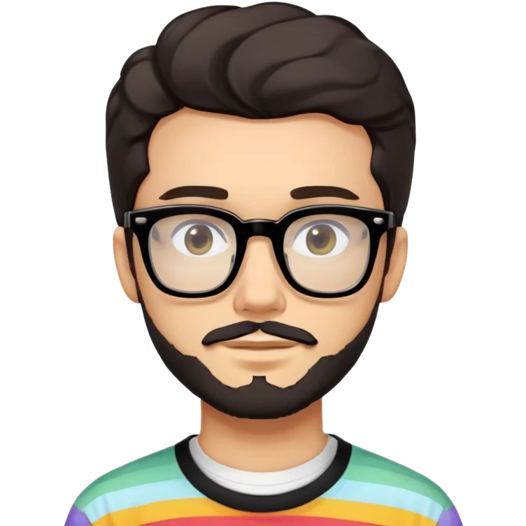 young adult man with light skin, short beard, dark wavy hair, relaxed expression, very wide rectangular glasses with thick black acetate frame and thick double bridge, retro oversized style, colorful open shirt and white t-shirt emoji