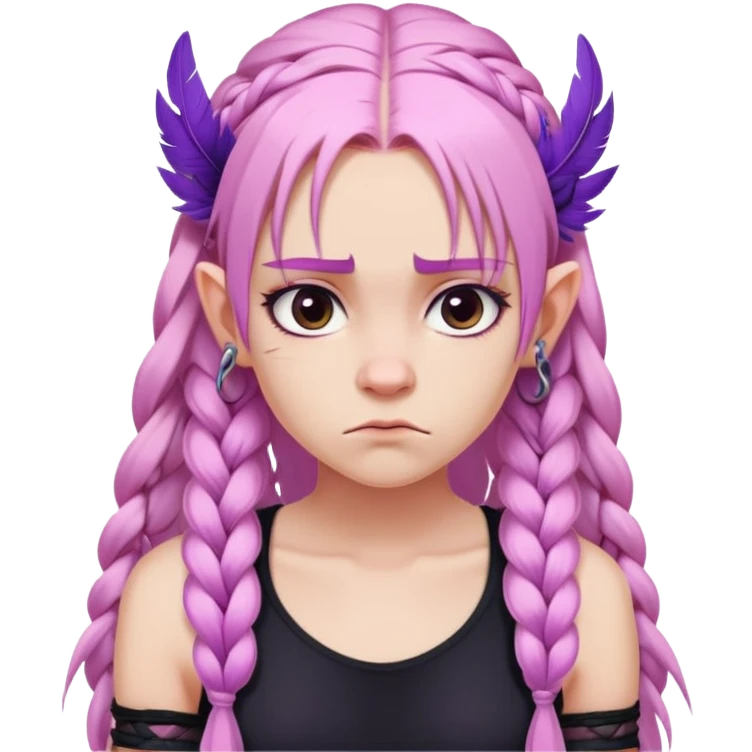 Long-pale-pastel-pink-hair with one braid on each side, grumpy expression, purple-pink feather-ear-cuffs in hair, black bodysuit emoji