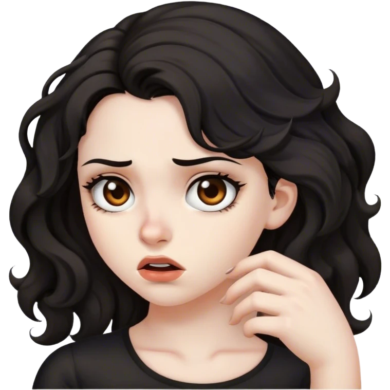 Pale skin, girl, brown eyes, blavk wavy hair, diagust expression, prettt emoji