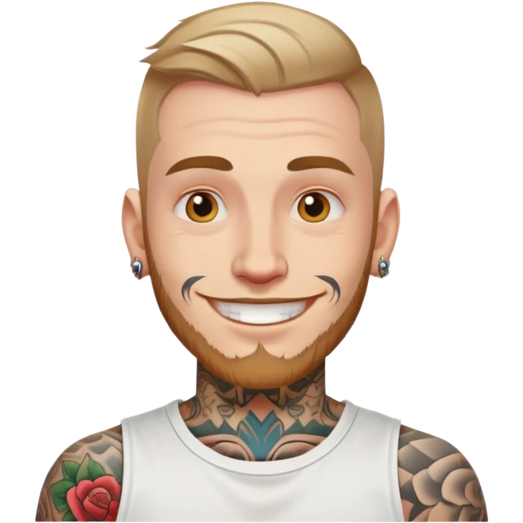 white man with bold face tattoo, happy face, wearing a white t-shirt emoji