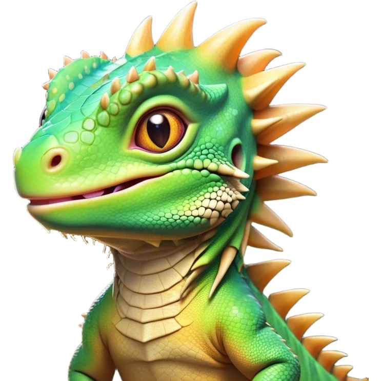 Cinematic Cute Iguana Portrait Emoji, Head tilted playfully and inquisitively, featuring a delightfully vibrant, textured body with a subtle spiky crest and large, sparkling eyes full of gentle wonder, Simplified yet irresistibly adorable features, highly detailed, glowing with a warm, inviting jungle glow, high shine, affectionate and lively, stylized with a touch of whimsical reptilian charm, soft glowing outline, capturing the essence of a mischievous yet loving iguana that seems as if it could scurry out of the screen into your arms! emoji