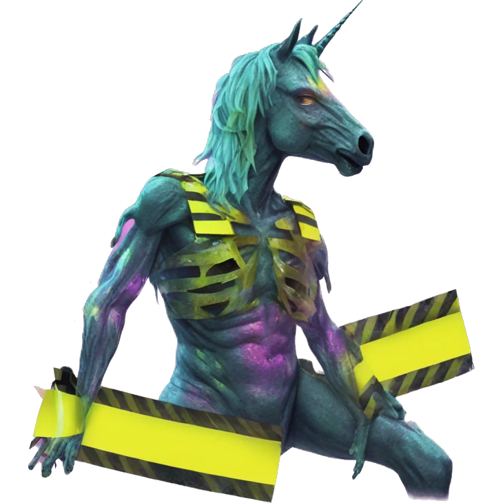 .Zombie_ Vaporwave black holographic oilslick zombie unicorn yellow caution tape emoji