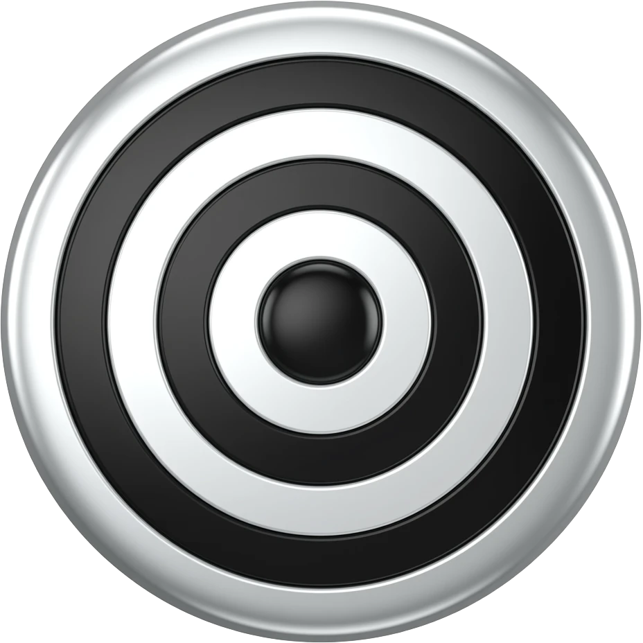 Take the 🎯 target/bullseye emoji and recreate it as a 3D chrome metallic icon.  Liquid silver material, glossy reflections, black and white only,  dramatic studio lighting, white background,  ultra sharp render, 512x512px, no text,  same shape and silhouette as the original emoji emoji