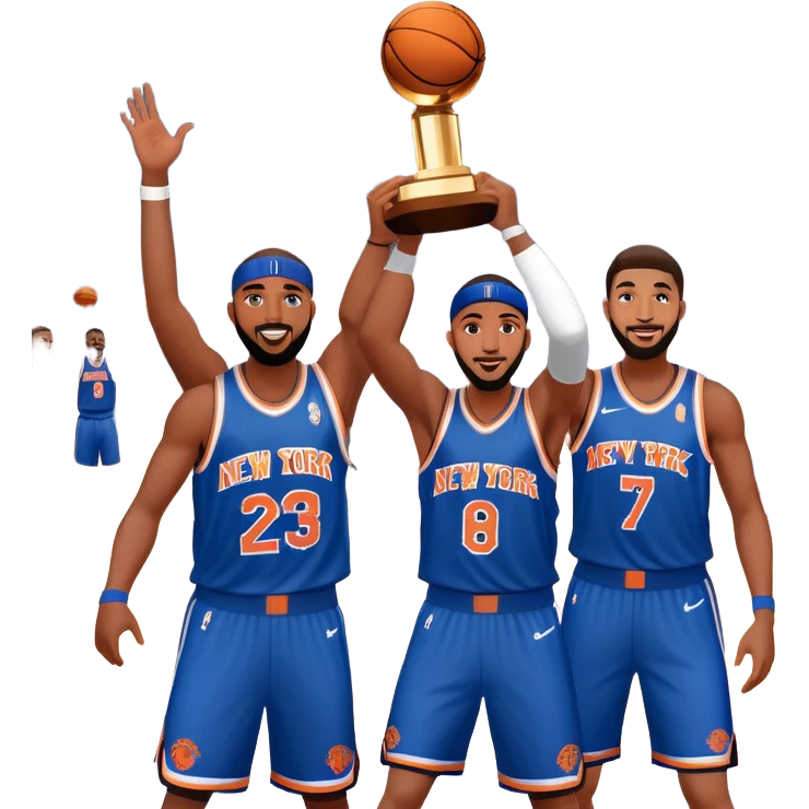 New York Knicks basketball team winning NBA championship trophy, celebration, blue and orange colors emoji