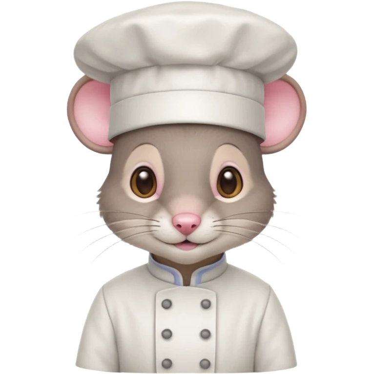 gray mouse with large round ears, brown eyes, and a small pink nose, wearing a white chef’s hat emoji