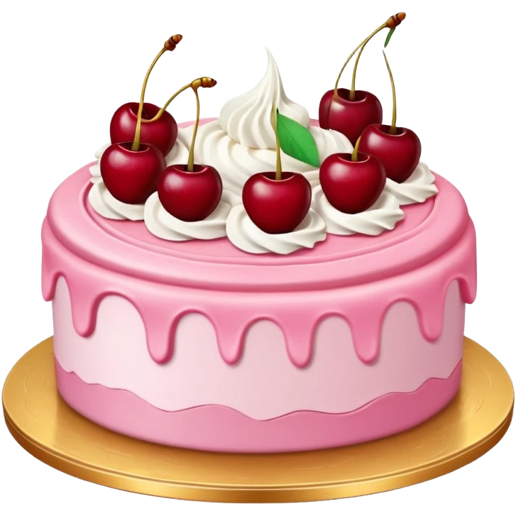Round pink frosted cake with textured buttercream sides, placed on a gold cake board.
White whipped cream swirls on top, each topped with glossy red cherries with stems, clean studio lighting, isolated background, realistic minimal smooth emoji-style. emoji