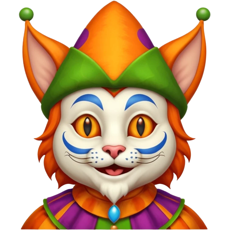 crazy funny colorful cat jolly joker, medieval, vintage, court jester, mac os icon, orange color emoji