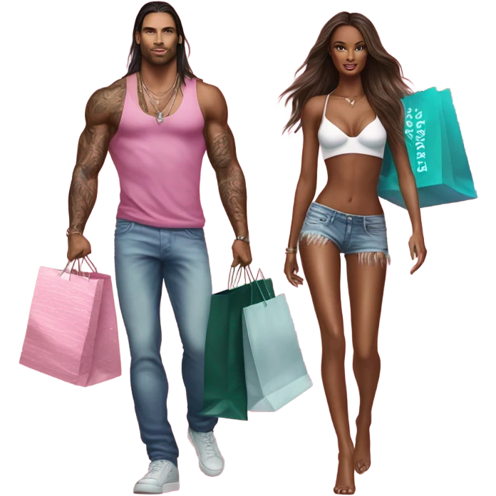 Photo of Victoria secret model shopping with a tattooed male model carrying bags emoji