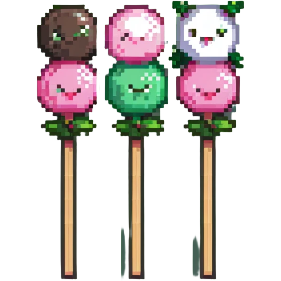 Pixel art Japanese dango skewer with three colorful rice balls in pink, white, and green colors emoji