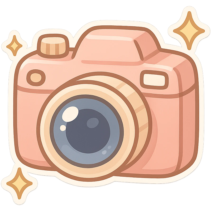 chibi sticker-style camera with sparkles, cute and exaggerated emoji