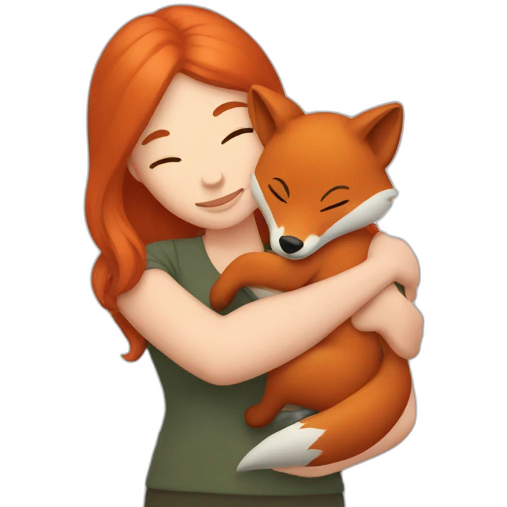 a woman with ginger hair hugging a fox emoji